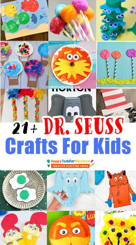 Fabulous Dr. Seuss Crafts for Dr. Seuss Week for Kids - Happy Toddler Playtime Dr Suess Stem Challenges, Easy Dr Seuss Crafts For Kids, Storybook Crafts Preschool, Dr. Suess Crafts, Dr Seuss Preschool Crafts, Dr Suess Crafts, Dr. Seuss Crafts, Dr Seuss Preschool Activities, Storybook Crafts