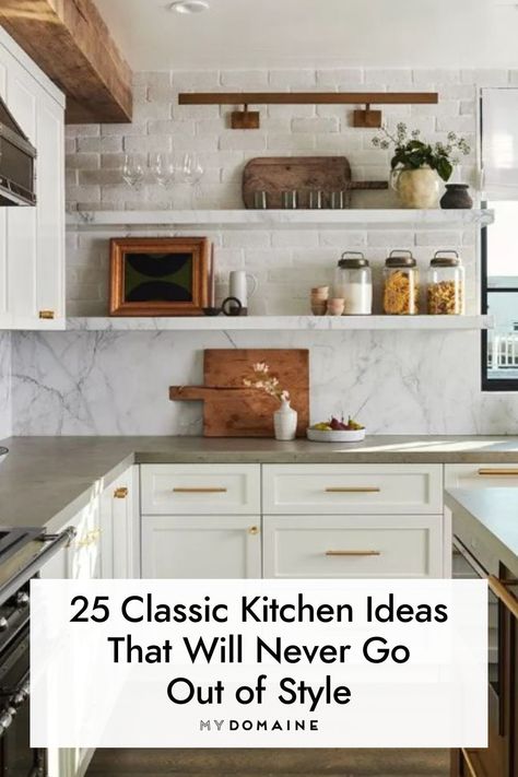 Kitchen Ideas Modern Classic, Kitchen Ideas Transitional, Classic Farmhouse Kitchen Design, Timeless Classic Kitchen Design, Vintage Classic Kitchen, Kitchen Flooring Ideas Farmhouse, Timeless Neutral Kitchen, Styles Of Kitchens, Traditional Interior Kitchen