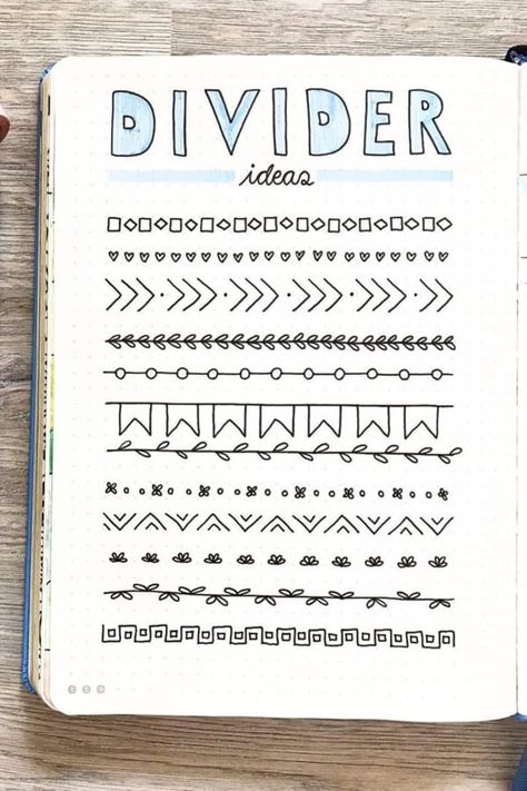 Collection of super cute and easy bullet journal divider ideas #bujodoodle #bulletjournal #bujodivider Aesthetic Notes Dividers, Titles For Notes Easy, Cute Aesthetic Notes Ideas, Ideas For Writing Notes, Note Headings Ideas, Bujo Divider Ideas, Ideas For Notebooks Writing, Header Ideas For Notes Easy, Easy Headings For Notes