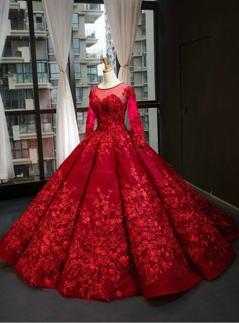 Gaouns Dress Gowns, Prom Ball Gown Dresses Elegant, Red Bridal Dress Gowns, Red Ball Gown Elegant, Red Gown Indian, Red Gowns Elegant, Dark Red Ball Gown, Prom Dresses Dark Red, Red Prom Gown