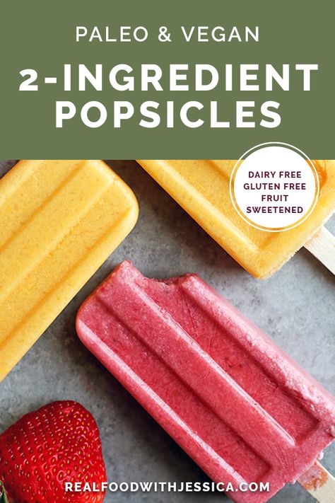 These Paleo Vegan 2 Ingredient Fruit Popsicles are easy to make and make a great summer treat. They are dairy free, nut free, and so delicious! Whole 30 Popsicles, Frozen Healthy Popsicles, Paleo Popsicle Recipes, 2 Ingredient Desserts Healthy, Aip Popsicles, Easy Fruit Popsicle Recipes, Popsicle Recipes Dairy Free, Real Fruit Popsicles Recipes, Sugar Free Popsicle Recipes