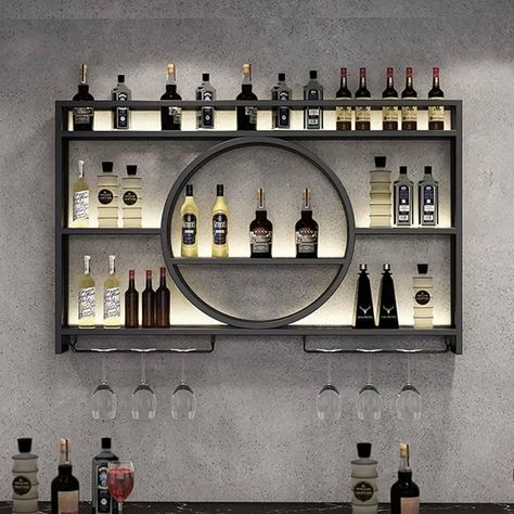 Amazon.com: Metal Wine Rack Wall Mounted Modern,Liquor Shelf With LED Light,Bar Floating Wall Shelves,Iron Wine Storage Display Rack Holder,Wall Wine Rack With Wine Glass Holder For Kitchen,Living Room,Home,Cafe : Home & Kitchen Bar Shelf With Glass Holder, Wine Glass Holder Cabinet, Wall Mounted Bar Shelves, Wine Display Wall, Wall Mounted Bar Cabinet, Wine Holder Wall, Bar Cabinet Furniture, Black Wine Rack, Wine Bottle Shelf