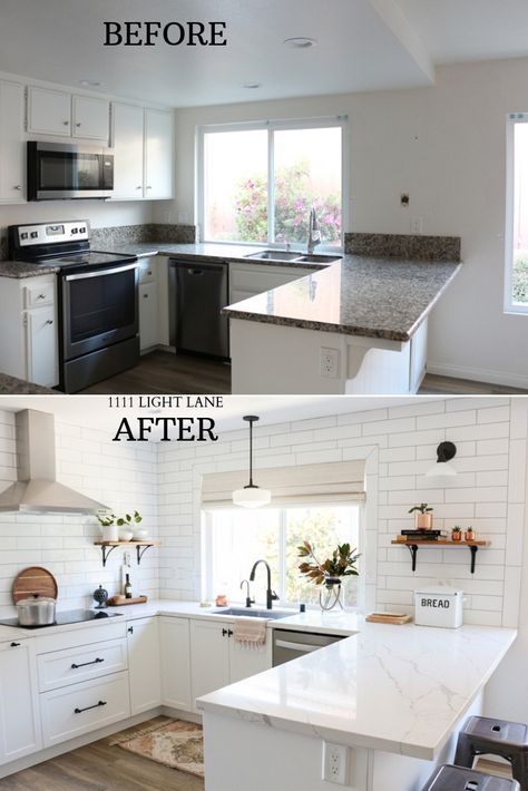 L Shaped Kitchen Decor, Small Kitchen White Countertops, Small Remodeled Kitchens, Small Kitchen White Cabinets Ideas, Fridge Placement In Kitchen Small Spaces, Small Kitchen Remodel White Cabinets, Small Kitchen Reno Ideas, Small U Kitchen Layout, 3 Wall Kitchen Layout