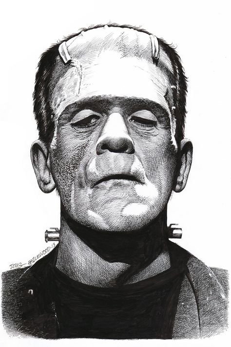 Black And White Frankenstein, Croquis, Frankenstein Line Art, Frankenstein Tattoo Stencil, Frankenstein Reference, Frankinstine Drawings, Frankenstein Tattoo Traditional, Frankenstein Tattoo Design, Frankenstein Sketch