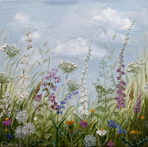 Wildflowers Painting Acrylic, Forest Flowers Painting, Hand Painted Wild Flowers, Acrylic Painting Wildflowers, How To Paint A Meadow, Abstract Meadow Painting, Meadow Flowers Painting, Meadow Acrylic Painting, Painting Wildflowers Acrylic