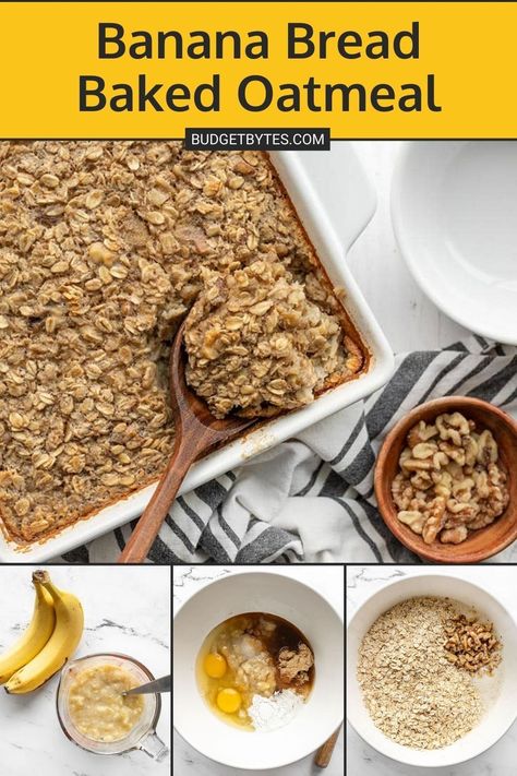 The rich and sweet flavor of banana bread infused into a healthy baked oatmeal. This Banana Bread Baked Oatmeal is perfect for breakfast meal prep! Pop over to our site for the recipe! | breakfast and brunch | meal prep recipes | healthy recipes | Oatmeal With Banana Breakfast, Baked Banana Oatmeal Recipes, Banana Protein Baked Oatmeal, Banana Meal Prep, Banana Bread Oatmeal Bake, Baked Banana Bread Oatmeal, Baked Oatmeal Recipes Healthy Banana, Banana Oatmeal Recipes Breakfast, Banana Oatmeal Bake Breakfast