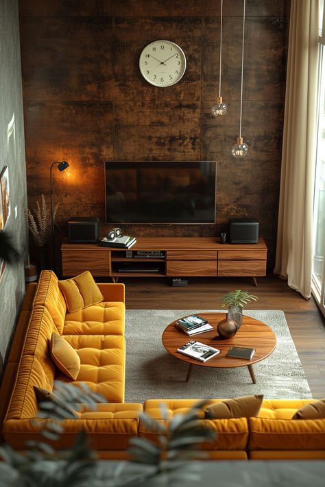 home decor, midcentury modern living room, moody living rooms, midcentury modern home decor, retro living room Men Home Decor Living Room, Moody Mid Century Modern, Moody Mid Century, Midcentury Modern Living Room, Mcm Living Room, Sala Vintage, Retro Living Room, Mid Century Modern Interior Design, Sleek Furniture