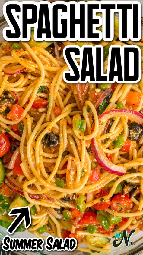 Looking for the perfect summer salad? Try this Spaghetti Salad! Easy to make and packed with fresh flavors, this pasta salad is a hit at any gathering. Quick, delicious, and ideal for warm weather meals! Cold Italian Spaghetti Salad, Italian Spaghetti Salad Recipes, Pasta Salad For Parties, Pasta Salad Recipes With Italian Dressing And Salad Supreme, Hug Hess Pasta Salad, Salads And Sides, Pot Luck Pasta Salad Recipes, Mccormick Spaghetti Salad, Salads To Go With Spaghetti