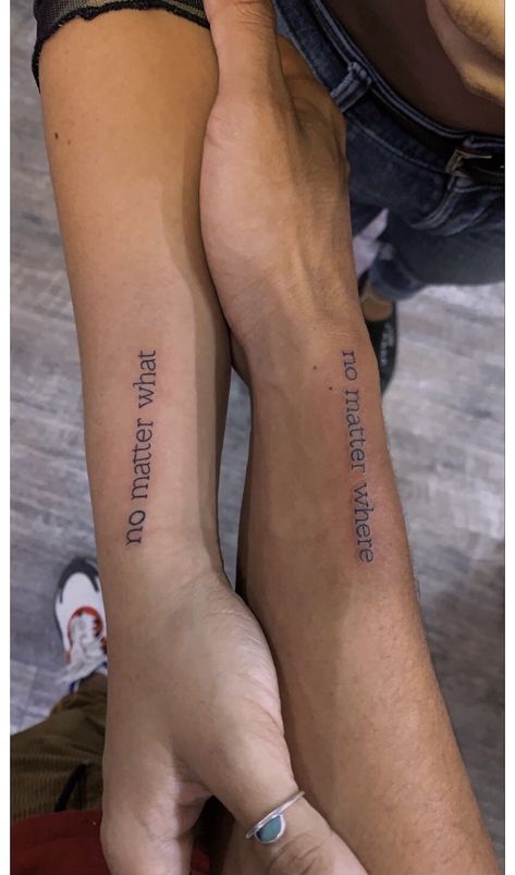 Bf And Gf Tattoos, Tattoos Small Unique, Matching Quote Tattoos, Friend Tattoos Small, Matching Bff Tattoos, Bf And Gf, Twin Tattoos, Small Matching Tattoos, Sibling Tattoos