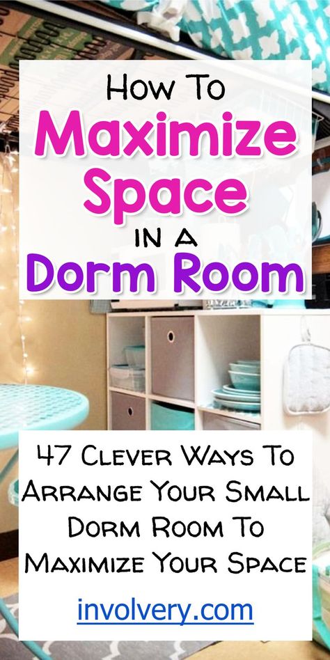 47 ways to arrange your dorm room to maximize space. Brilliant dorm room storage ideas, dorm room set up ideas, dorm space saver hacks and dorm organization ideas for guys and gals (even shared dorm room ideas) Maximize Dorm Space, Room Storage Ideas Aesthetic, Ways To Organize Small Bedroom, Organization Idea For Small Bedroom, Diy Dorm Furniture, Dorm Dish Storage, Very Small Dorm Room Ideas, College Room Storage Ideas, Dorm Room Closet Organization Ideas