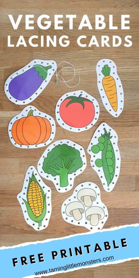 Free Vegetable Lacing Cards. This free printable for kids is a wonderful fine motor activity for toddlers and preschool. perfect for healthy eating or nature lesson plans. #nutrition #freeprintable #finemotor #toddlers #preschool Garden Fine Motor Preschool, Vegetable Stem Activities, Fruit And Veg Theme Preschool, Fruit Lacing Cards Free Printable, Garden Fine Motor Activities, Growing Vegetable Soup Preschool, Free Vegetable Printables, Farmers Market Crafts For Preschoolers, Vegetable Preschool Crafts