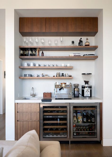 Step inside a contemporary yet inviting home in the Willamette Valley Coffee Bar Ideas Kitchen, Kaffe Station, Coffee Bar In Kitchen, Kaffe Bar, Coffee Bar Ideas Kitchen Counter, Bar In Kitchen, Bar Nook, Cozy Window Seat, Space Coffee