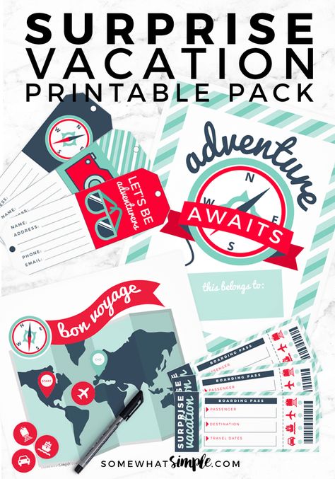 Surprise Vacation Reveal Printables (Gift Idea) | Somewhat Simple: Are you giving a surprise vacation to your spouse or children? Use these fun printables as a fun way to surprise your fun trip! #lifestyle #travel Surprise Trip To New York Reveal, New York Surprise Trip Reveal, How To Reveal A Surprise Trip, Giving A Trip As A Gift Christmas, How To Wrap A Surprise Trip Gift Ideas, How To Gift A Cruise For Christmas, Vacation Announcement Ideas Surprise, How To Surprise Kids With A Trip, Cruise Announcement Surprise