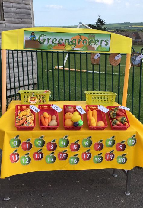 For our Healthy eating theme I have created a 'Green Grocers' for our outside CP Essen, Healthy Eyfs Activities, Fruit And Veg Shop Role Play Eyfs, Healthy Living Eyfs Activities, Healthy Me Eyfs Activities, Oliver’s Vegetables Eyfs, Olivers Vegetables Eyfs, Healthy Eating Craft, Healthy Eating Eyfs Activities