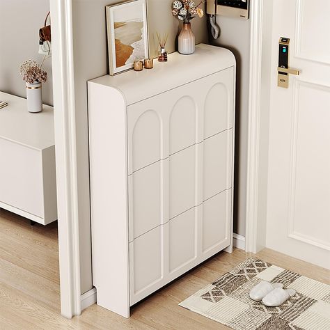 PRICES MAY VARY. ✔Hidden Shoe Cabinet Space-Saving Design: Our freestanding tipping shoe cabinet is the perfect solution for entryways, hallways, and closets with limited space. Its narrow design allows it to fit seamlessly into tight areas, making it an excellent addition to small apartments or homes. ✔Organized Shoe Storage: With its 3-tier tipping bucket design, this shoe cabinet offers ample storage for all your footwear needs. The tilted shelves not only provide easy access to your shoes bu Narrow Space Shoe Storage, Shoe Storage Furniture Ideas, Aesthetic Shoe Cabinet, Shoe Storage Aesthetic, Bucket Shoes, Closet Shoe Organization, Hidden Shoe Cabinet, Tall Shoe Cabinet, Hidden Shoe Storage