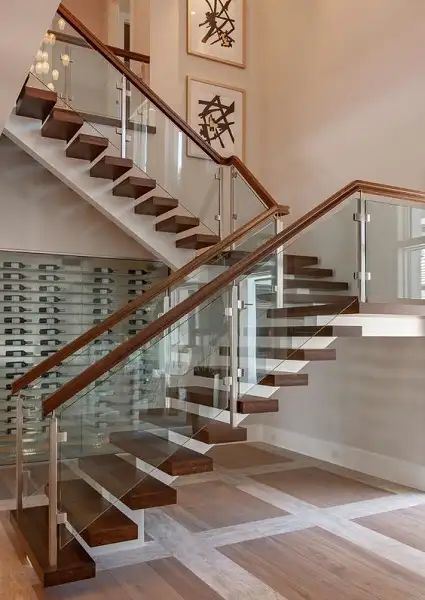 Stainless Steel And Glass Stair Railing, Glass Staircase Railing Stainless Steel, Stairs Design Glass Railings, Staircase Design Glass Railings, Stainless Steel Staircase Design, Glass Stairs Design Modern, Modern Stair Railing Stainless Steel, Stairs Glass Railing Design, Glass Stair Railing Ideas