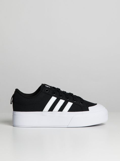 WOMENS ADIDAS BRAVADA 2.0 PLATFORM Adidas Bravada Shoes, Black Adidas Platform, Black Platform Adidas, Adidas Shoes Black And White, Rebock Shoe, Adidas Heels, Platform Adidas, Platforms Aesthetic, Adidas Platform