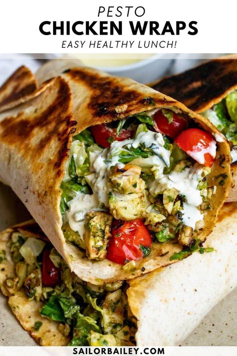 Delicious, easy pesto chicken wraps make the ultimate healthy lunch or dinner. Bursting with fresh flavors and pesto in every bite, this easy lunch recipes is ready in under 20 minutes, perfect for busy weeks and great for meal prep. Paninis, Chicken Pesto Wraps, Pesto Chicken Wraps, Easy Pesto Chicken, Pesto Wrap, Easy Pesto, Lunch Wraps, Chicken Pesto, Easy Lunch Recipes