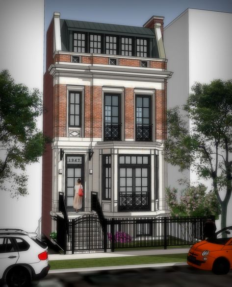 Industrial Townhouse Exterior, French Townhouse Exterior, Sims 4 Brownstone, Townhouse Exterior Design, Town House Exterior, Row House Exterior, Townhouse Bloxburg, British Townhouse, Townhome Exterior