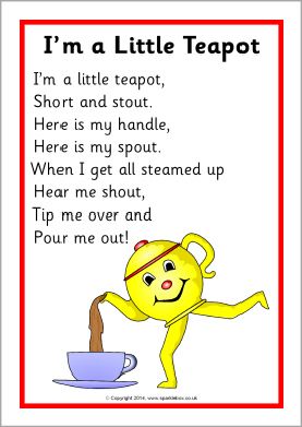 I’m a Little Teapot song sheet (SB10801) - SparkleBox                                                                                                                                                     More Rhyming Preschool, Nursery Rhymes Poems, Preschool Poems, Rhymes Lyrics, Nursery Rhymes Lyrics, Nursery Rhymes Preschool, Nursery Rhymes Activities, Circle Time Songs, Childrens Poems