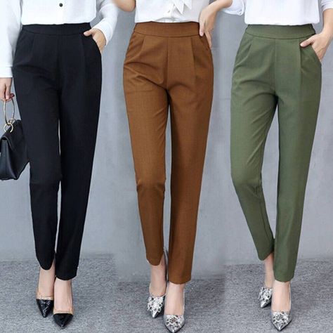 Women High-Waisted Cigarette Pants Office Work Casual Tapered Long Slim Trousers | eBay Office Trousers Women, Seluar Slack, Seluar Wanita, Baju Kahwin, Looks Kate Middleton, Celana Fashion, Pants Women Fashion, Work Trousers, Elegante Casual