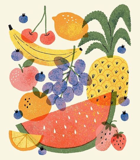 They Draw & Cook on Instagram: “Illustration by @mariya.pilipenko ✨Great textures on these summer fruits! #awesomeillustrator #summerfruits #fruit #foodillustration” Croquis, Risograph Illustration Poster, Cute Fruit Print, Graphic Fruit Illustration, Fruit And Veg Illustration, Illustration With Texture, Summer Fruits Illustration, Fruit Salad Illustration, Fruits Illustration Design