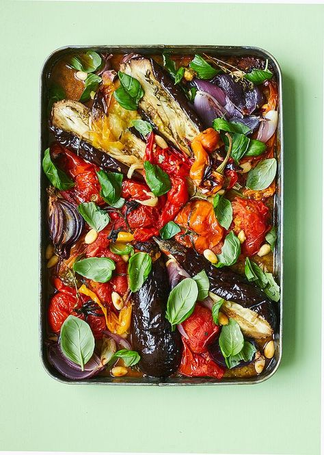 An easy one-tin take on the classic Catalan dish of escalivada (roasted aubergines, tomatoes and peppers), this vegan-friendly recipe is perfect as a midweek meal or is a great addition to a vegetarian spread. Murcia, Aubergine Recipe, Roasted Vegetable Salad, Slow Roast, Midweek Meals, Vegetarian Dinners, Roasted Peppers, Vegetable Salad, Vegan Dishes