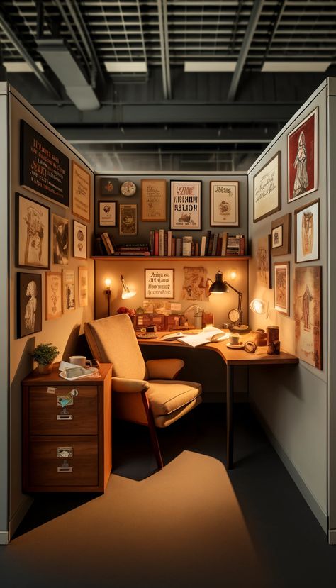 21 Cubicle Decor Ideas to Transform Your Workspace from Drab to Fab! 🌟✨ Open Cubicle Work Spaces, Cozy Desk Lighting, Cozy Cubicle Decor Ideas, Cubical Decoration Ideas, Cube Decorating Ideas Cubicles, Men’s Work Office Ideas, Office Cubicle Aesthetic, No Window Office, Office Small Space Ideas