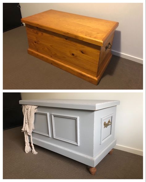 Upcycled Wooden Chest, Refurbished Blanket Chest, Ceader Chest Makeover, Upcycled Toy Chest, German Shrunk Makeover, Trunk Diy Makeover, Refurbished Chest Trunks, Blanket Chest Ideas, Diy Chest Trunk