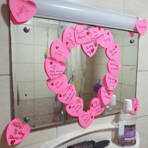 Bathroom mirror decor to surprise your husband on his birthday. To create it I used Heart shape sticky notes to make a big Heart all over mirror and completed it with handwritten messages. Post It Heart On Mirror, Sticky Note Heart On Mirror, Heart Sticky Notes On Mirror, Bathroom Mirror Decor, Surprise Your Husband, Birthday Letter, Birthday Gifts For Boyfriend Diy, Gifts For Hubby, Stick Notes