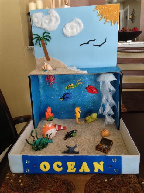 Ocean diorama for school project  Idea for Henry-- 2nd grade project. Remember to use those extra floral gems for the water... Ocean Diorama, Diorama Kids, Ecosystems Projects, Shoe Box Crafts, Habitats Projects, Ocean Projects, مشروعات العلوم, Ocean Crafts, Aktivitas Montessori