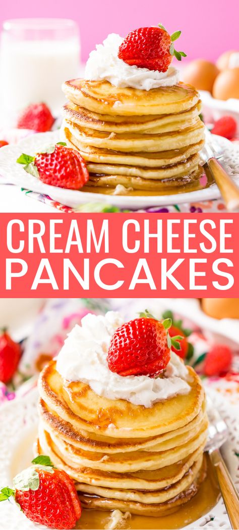 Cinnamon Cream Cheese Pancakes, Cream Cheese Pancakes Recipe, Stuffed Cheesecake Pancakes, Strawberry Cream Cheese Pancakes, Cream Cheese Stuffed Pancakes, Traditional Breakfast Ideas, Cream Cheese Breakfast Recipes, Breakfast With Cream Cheese, Pancakes Cream Cheese