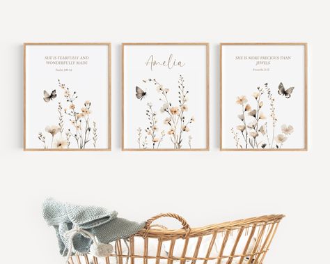 Transform your little one's space into a sanctuary of beauty and faith with our Custom Name Nursery Wildflower Prints. Our enchanting Floral Nursery Wall Art is designed to captivate, featuring delicate Watercolor Flowers that exude elegance and charm. Perfect for a Baby Girl Nursery, the art adorned with Nursery Scripture, infusing the room with love and inspiration. Elevate your décor with our Girls Nursery Prints, crafted with care to add a touch of serenity to your Nursery Christian Decor. Personalize your child's haven and let their imagination bloom amidst these divine creations. Take a look at this link for additional wall art options: https://ryleveart.etsy.com This set is made to order, and the digital files will be sent to your email within 1 working day. No physical item will be Scripture Nursery Decor, Christian Nursery Art, Christian Nursery Wall Art, Watercolor Flower Nursery, Nursery Scripture, Girl Office, Floral Nursery Wall Art, Poster Christian, Christian Nursery Decor