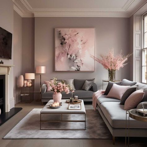 Grey Ideas Living Room, Grey And Pink Living Room Decor, Living Room Blush Pink And Grey, Grey With Pink Living Room, Pink Gray Living Room Decor, Beige Pink And Gold Living Room, Pink Gray White Living Room, Grey Blush Living Room, Pink Gold Grey Living Room