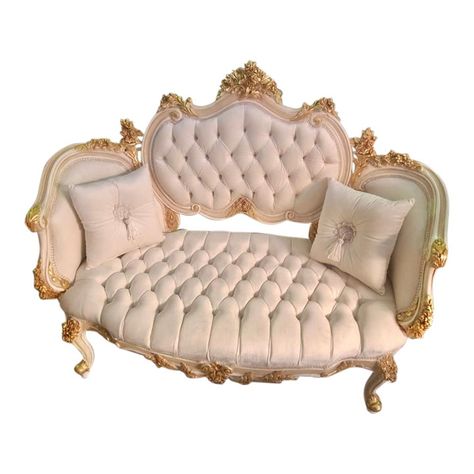 Beautiful elegant settee refinished in white lacquer/beige tones with 24k gold leaf accents. Impressive details. It padded the back and seat cushion.   The price includes 2 pillows.  Dimension: 53"W x 43"H x 29"D. Seat Height 16.5 French Rococo Interior Design, Pink Room Aesthetic Vintage, French Rococo Bedroom, Victorian Furniture Living Room, French Parisian Decor, Fancy Couch, White Gold Room, French Sofa Design, Coquette Dorm