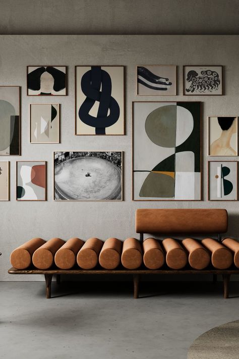 Different Size Art On Wall, Wall Design With Posters, Art Print Living Room, Poster Design On Wall, African Art Gallery Wall, Gallery Wall Abstract Art, Art Wall Sofa, Posters On The Wall Ideas, Contemporary Art Wall