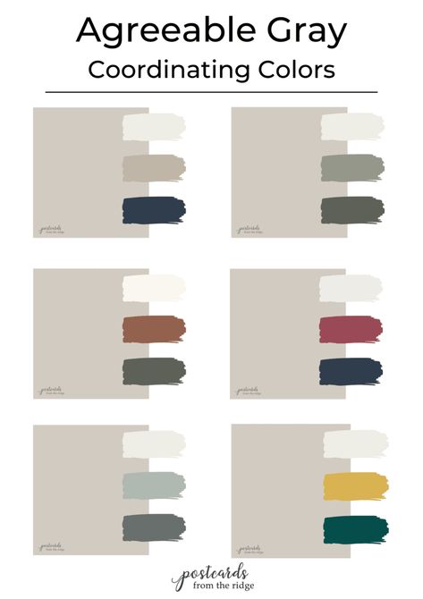 Paint Colors Palettes, Agreeable Gray Coordinating Colors, Gray Coordinating Colors, Agreeable Grey Color Scheme, Best Greige Paint Colors, Best Greige Paint, Best Greige, Popular Neutral Paint Colors, Sherwin Williams Agreeable Gray