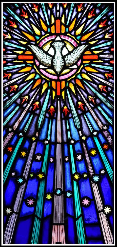 https://flic.kr/p/9gycXU | Holy Spirit - Saint Esprit | Partly hidden stained glass window behind the statue of Faith. The Holy Spirit, represented by a dove, is surrounded by an outer circle of tongues of fire as commonly represented for His coming at Pentecost. The dove is also superimposed on a triangle representing the Trinity as well as on a cross and then the sun as its gifts and fruits are the light of this world and of our lives. The rays coming from the dove represent the seven gift... Kirkenes, Stained Glass Church, Art Sacre, Church Windows, Ottawa Canada, Christian Traditions, Church Banners, Saint Esprit, Peace Dove