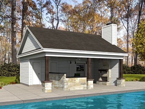 062P-0009: Pool House Plan Offers Walk-In Pantry, TV Nook and Half Bath Outdoor Pool House Ideas, Pool House Garage Combo, Garage Pool House, Backyard Pool House, Tv Nook, Narrow Lot House, Exterior Fireplace, Gazebo Plans, Pool Deck Plans