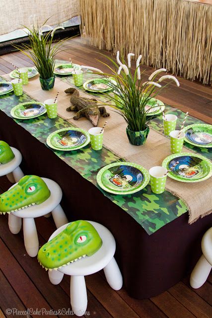 Gator Birthday Party Table Setting Gator Birthday Party, Boys Party Theme, Croc Party, Birthday Party Table Setting, Gator Party, Alligator Birthday Parties, Crocodile Party, Swamp Party, Alligator Party