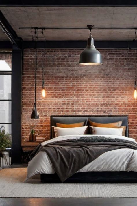 Modern bedroom with exposed brick wall, industrial pendant lights, and a neatly made bed with neutral tones. Bedroom Industrial Chic, New York Bedroom, Unique Bedroom Ideas, Industrial Decor Bedroom, Gender Neutral Bedrooms, Industrial Style Bedroom, Chic Bedroom Design, Small Apartment Bedrooms, Scandinavian Design Bedroom