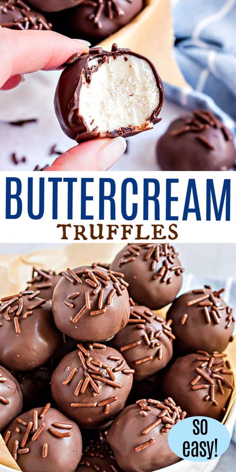 Buttercream Truffles came out of the need to use up extra frosting. Creamy vanilla filling dipped in rich chocolate for a delicious treat. Profiteroles, Vanilla Truffles Recipe, Cream Filled Chocolate Candy Recipes, Easy Homemade Truffles, Buttercream Filled Chocolates, Vanilla Cream Chocolates, How To Make Filled Chocolates, Buttercream Truffles Recipe, Cool Whip Truffles