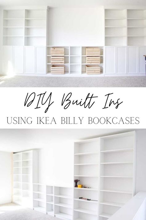 DIY Built In Bookshelves from IKEA Bookcases - Bless'er House Ikea Shelves Library, Full Wall Office Built Ins, Ikea Hack Custom Built Ins, Ikea Office Bookcase, Diy Built In Bookcase On Carpet, Cube Organizer Built In, Ikea Entertainment Unit Hack Billy, Built In Shelves Homeschool Room, Pax Living Room Built Ins