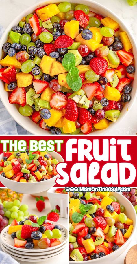 The best Fruit Salad you'll ever try! This easy fruit salad recipe is loaded with gorgeous, fresh, sweet fruit and tossed with a simple and delicious citrus dressing. Quick and easy to make, this amazing fruit salad is the perfect side dish for BBQs, potlucks, holidays and more! Swap in your favorite, in-season fruit for a new spin on this easy fruit salad recipe. | MomOnTimeout.com Recipes With Fruits And Vegetables, Taste Of Home Fruit Salad, Fresh Fruit Serving Ideas, Fruit Salad With Grapes, Fruit Salad Banana, Fruit Salad For Brunch, Fruit Salad Pineapple, Salads With Pineapple Recipes, Summertime Fruit Salad