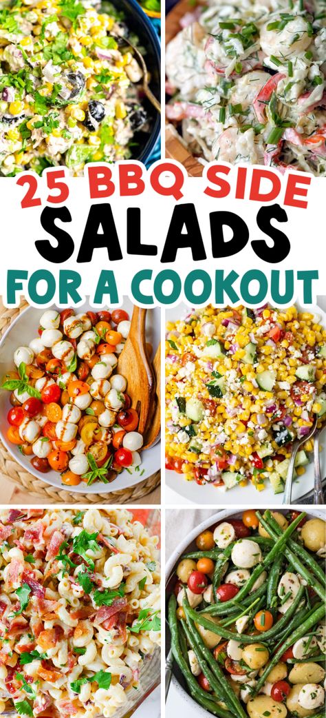 These are the best summer side dishes! BBQ Sides, healthy summer salads, summer salad recipes, cookout recipes, bbq side dishes, summer bbq side dishes, summer salads bbq sides, best bbq sides, backyard bbq side salads, summer party side dishes, summer side dishes for a crowd, bbq side dishes for dinner, cold make ahead summer salads, summer cookout side dishes for a crowd, easy bbq potluck side dishes, cold side dishes for bbq, easy bbq side dishes for a crowd cold, cold picnic side dishes. Essen, Side Dish For Potluck Parties, Side Dishes Bbq Parties, Easy Healthy Side Dishes For Bbq, Sides For 4th Of July Cookout, Lunch Sides For Party, Cook Outside Side Dishes Easy, Salads For A Bbq Party, Bbq Veggie Side Dishes