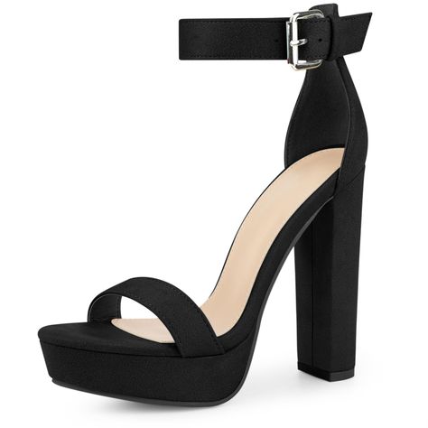 Black Platform Heels Outfit, Black Heels Chunky, Heels Sandals Black, Black Sandal Heels, High Heel Sandals Outfit, Black Open Toe Heels, Fancy Heels, Ankle Strap Chunky Heels, Fashion Shoes Heels