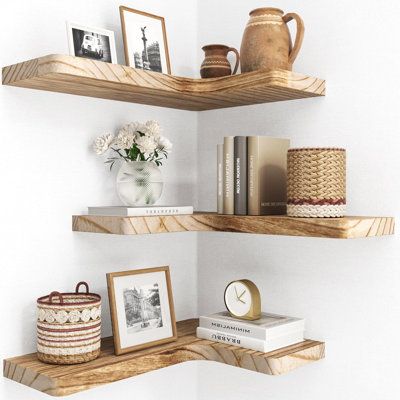 Wall-mounted shelves are designed for decoration and storage to utilize and decorate corner spaces. Use as a bedroom corner display to display your collectibles, books or prizes. Corner shelves are perfect for displaying your picture frames, small plants, models or audio in your living room, office, study room. It can also be used in the bathroom to hold toiletries or as a kitchen corner shelf to store condiments. | Hokku Designs Wall Floating Corner Shelves, Set Of 3 Brown 1.0 x 16.0 x 11.4 in, Wooden Corner Floating Shelf, 2 Corner Shelves, Corner Wall Shelves Nursery, Corner Shelves Small Bathroom, Shelf Of Plants, Wall Shelf Corner Ideas, L Shaped Shelves Living Room, Living Room Corner Floating Shelves, Floating Shelf’s In Kitchen