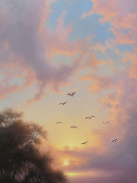 Sky With Birds Painting, Birds In The Sky Painting, Birds Flying Painting, Bird Flying Painting, Birds Flying In The Sky, Oil Painting Sunset, Drawing Sky, Crows Drawing, Sunset Oil Painting