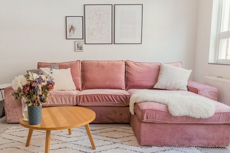 Looking to transform your IKEA couch? Click through to find out where I got these custom IKEA couch covers in a beautiful pink velvet! Of course, there's loads of other colors and fabrics to choose from too! // PIN FOR LATER // #ikea #ikeakivik #pinkvelvetcouch #pinkvelvetsofa #velvetsofa #velvetcouch #ikeahack #ikeamakeover #ikeacouch Cute Couch Covers, Pink Couches, Pink Couch Living Room, Pink Sofa Living Room, Pink Velvet Couch, Custom Ikea, Kivik Sofa, Ikea Couch Covers, Ikea Kivik