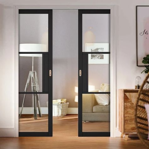 Double Pocket Doors Glass Pocket Doors Interior, Modern Pocket Doors, Indoor Glass Doors, Glass Pocket Door, Interior Pocket Doors, Double Pocket Door, Double Pocket Doors, Pocket Door Frame, Glass Pocket Doors